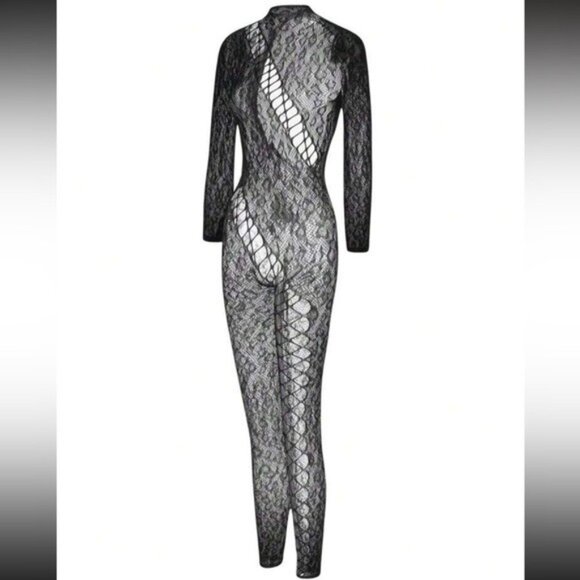 Black Leopard Pattern Long-Sleeve Fishnet Bodysuit - Picture 7 of 9